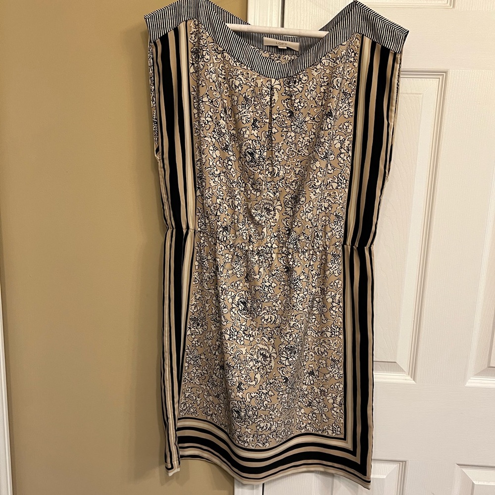 LOFT Black and Cream Striped Floral Dress